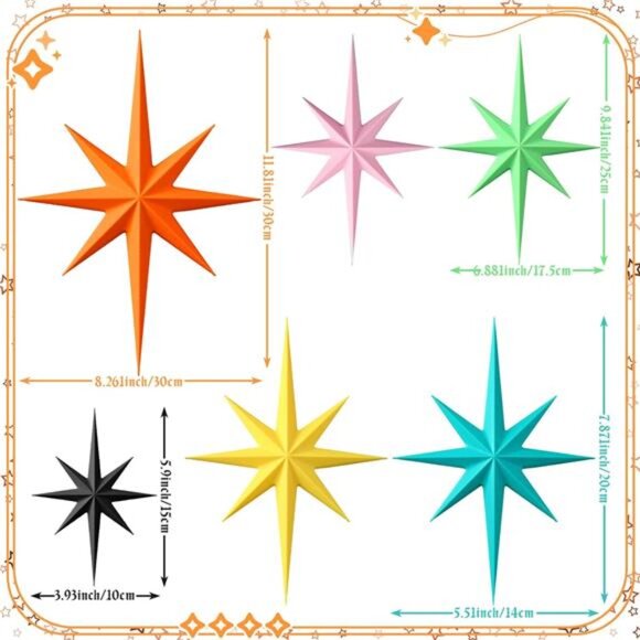4 Piece Set - Mid-Century Modern Starbursts w/ 4-point stars  12 Pcs Mid Century Modern Decor Retro 3D Starburst Art Wall